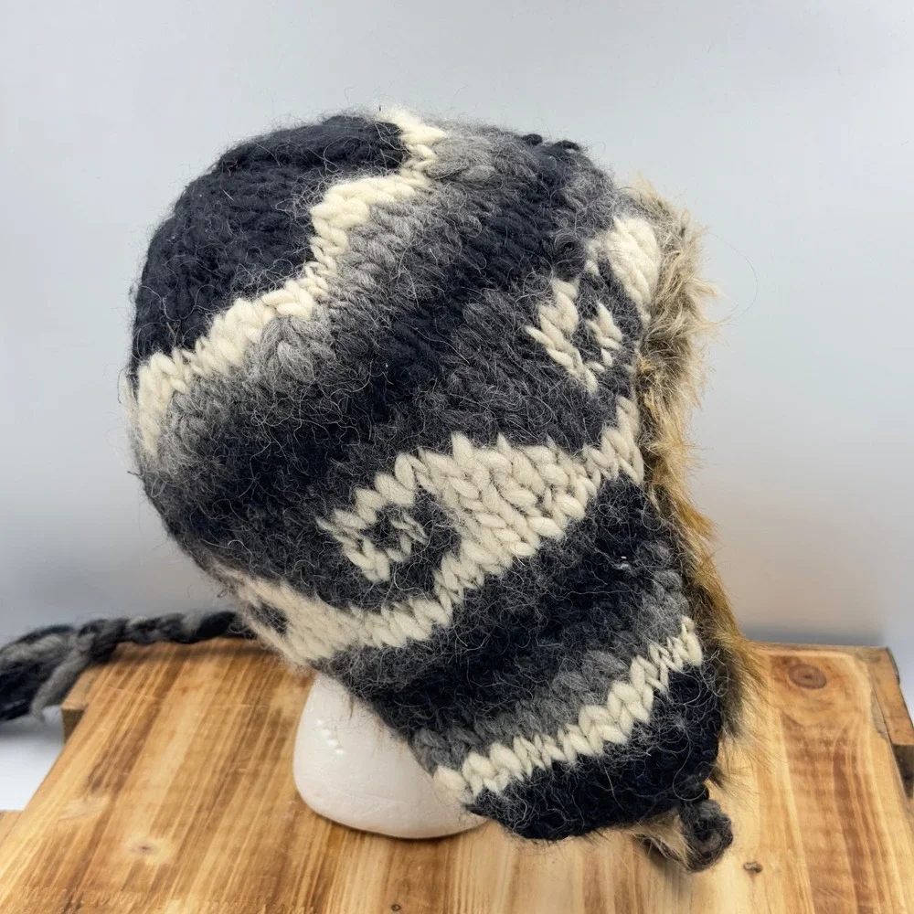 American Eagle Trapper Hat Gray Wool Alpaca Knit Faux Fur Y2K OS Winter Beanie